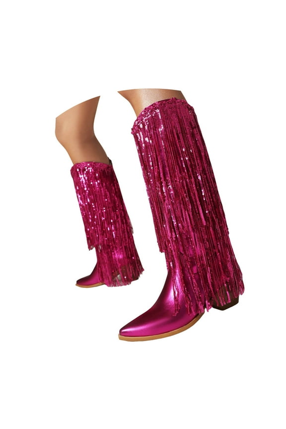 Women's Fringe Cowgirl Boots Sparkly Metallic Western Cowboy Knee High Pull on Boot for Ladies