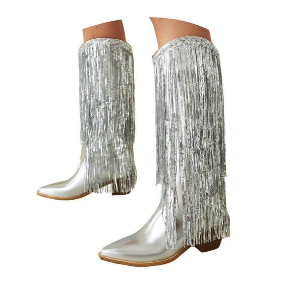 Mepaouo Women's Fringe Cowgirl Boots Sparkly Metallic Western Cowboy Knee High Pull on Boot for Ladies