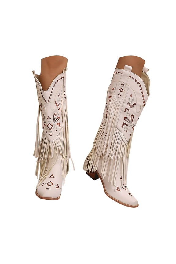 Women's Fringe Cowgirl Boots Western Cowboy Knee High Boots Tassel Square Toe Pull on Winter Shoes