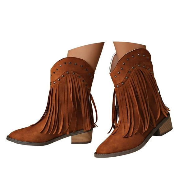 Mepaouo Women's Fringe Mid Calf Boots Tassel Zipper Cowboy Cowgirl Boots Dress Chelsea Western Boots