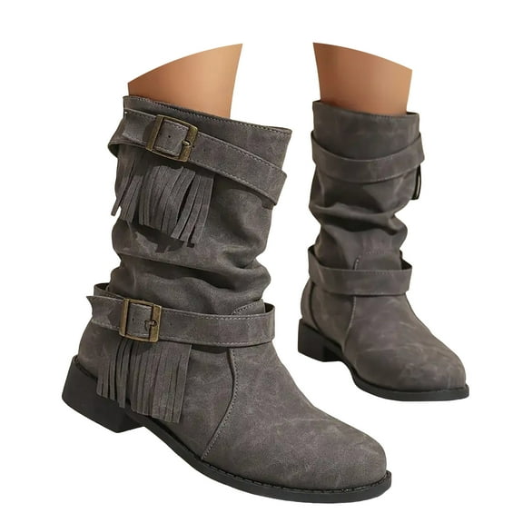 Mepaouo Women's Fringe Mid Calf Boots Western Cowgirl Cowboy Riding Booties Tassel Buckles Slouchy Boots