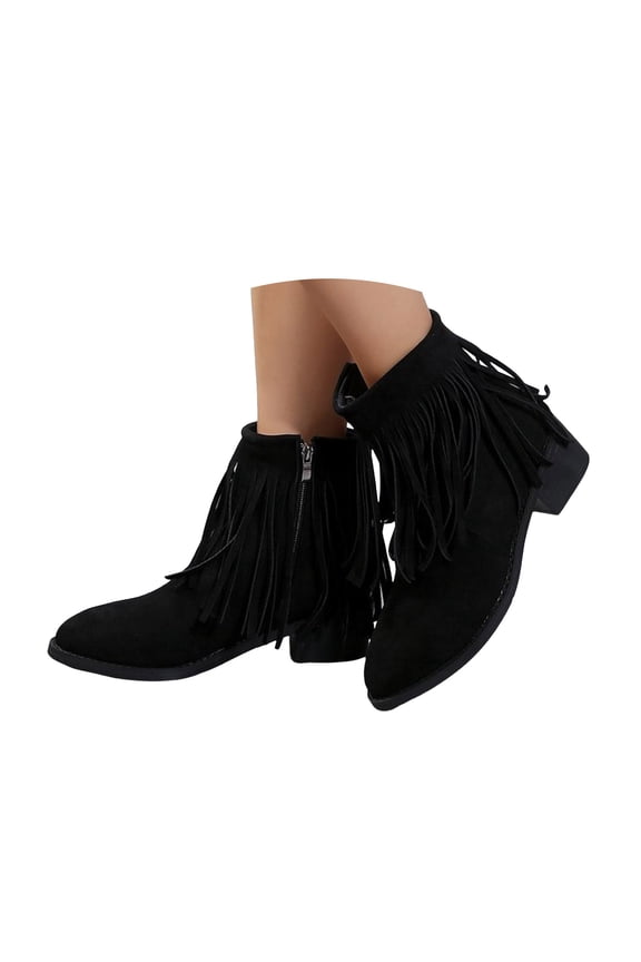 Women's Fringe Western Boots Riding Cowgirl Cowboy Ankle Booties Tassel Heel Chelsea Boots