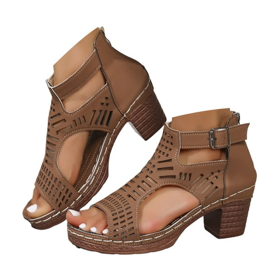 Mepaouo Women's Gladiator Sandals Strappy Hollow out Chunky High Heels Open Toe Dressy Pumps Brown 7