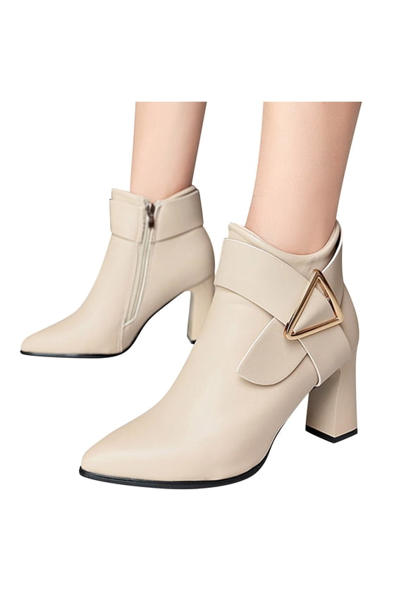 Women's Heeled Ankle Boots Fashion Pointed Toe Heel Side Zipper Short Booties(Beige,7)