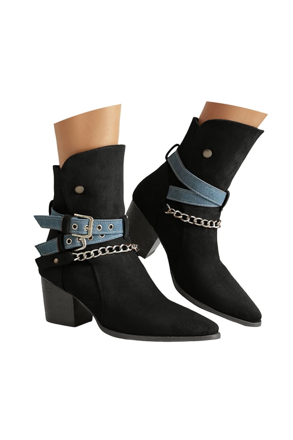 Women's Heeled Ankle Boots Pointed Toe Western Riding Booties Cowboy Cowgirl Buckle Short Boot
