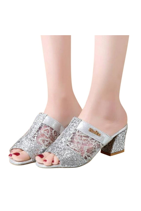 Women's Heeled Mules Open Toe Block Heel Sandals Glitter Slip on Dress Pumps Shoes Size 9