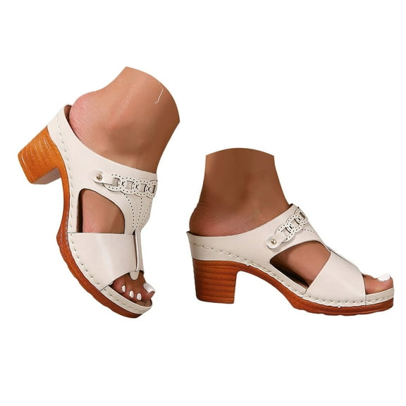 Mepaouo Women's Heeled Sandals Arch Support Orthopedic Dressy Slides Chunky Heel Summer Pumps Shoes