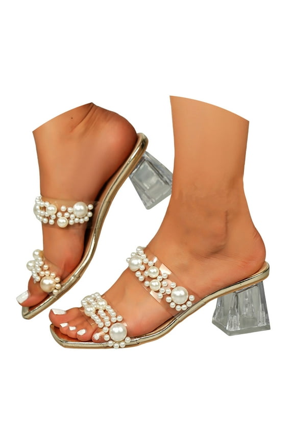 Women's Heels Sandals Two Strap Open Toe Dress Shoes Pearl Slip on Low Heel Pumps Mules