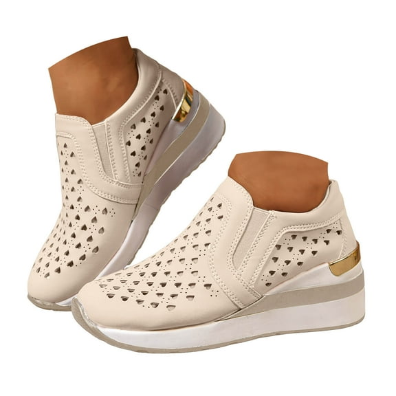 Mepaouo Women's Hidden Wedge Sneakers Hollow Breathable Slip on Platform Shoes Casual Ankle Booties