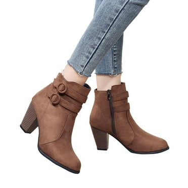 Mepaouo Women's High Heel Ankle Boots Stacked Zipper Booties Buckle Strap Short Booties Shoes