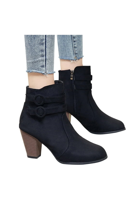 Women's High Heel Ankle Boots Stacked Zipper Booties Buckle Strap Short Booties Shoes