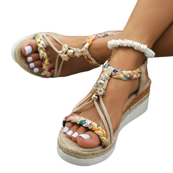 Mepaouo Women's High Heel Wedge Sandals 2025 Bohemian Platform Espadrilles Wide Width Thong Shoes