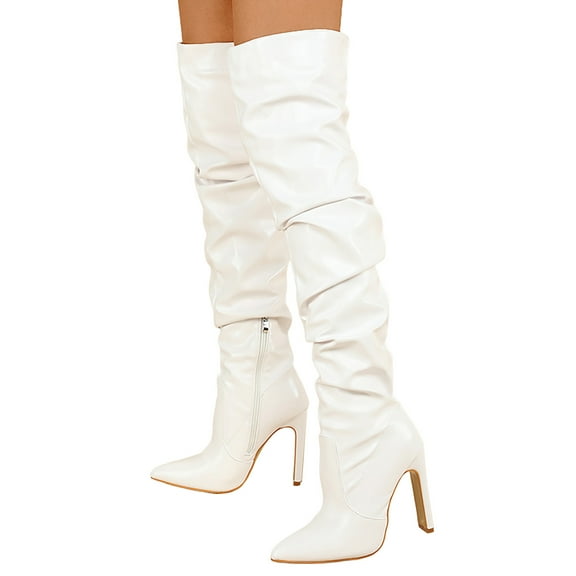 Mepaouo Women's High Heels Over The Knee Boots Stretch Pointed Toe Stiletto Thigh High Boots(White,6.5)