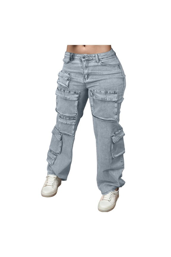 Women's High Waist Baggy Jeans Flap Pocket Cargo Pants Loose Denim Pants Streetwear(Blue,XL)
