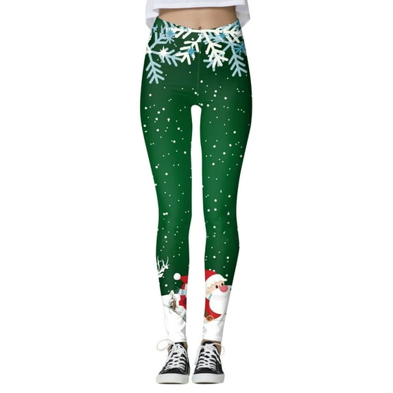 Mepaouo Women's High Waist Christmas Leggings Reindeer Sknowflake Printed Holiday Tights(Green,3XL)