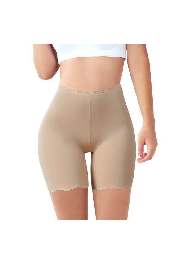 Women's Ice Silk Short Leggings Seamless High Waisted Base Layers Abdomen Boxer Briefs(Beige,L)