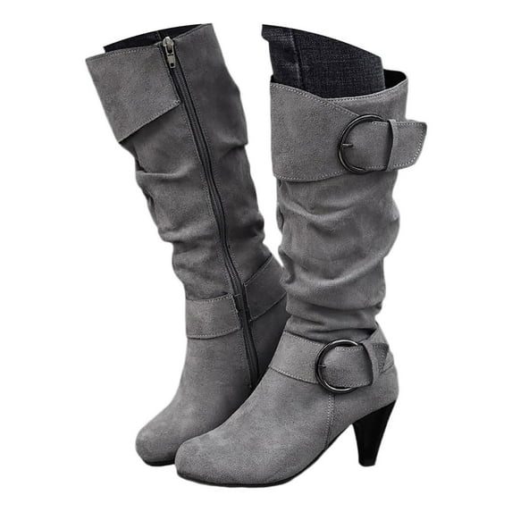 Mepaouo Women's Knee High Boots Block Heel Platform Winter Boots with Side Zipper(Grey,9)