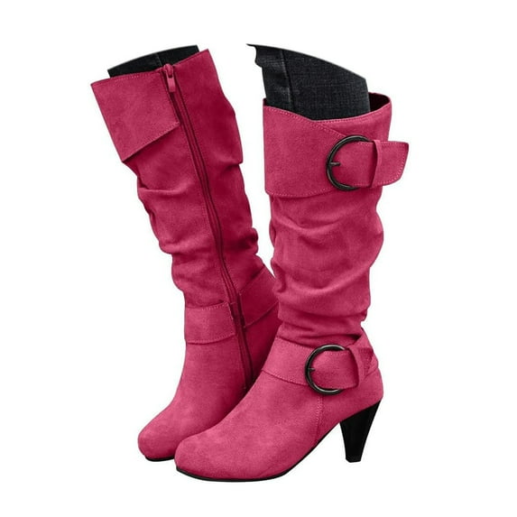 Mepaouo Women's Knee High Boots Block Heel Platform Winter Boots with Side Zipper(Pink,8)