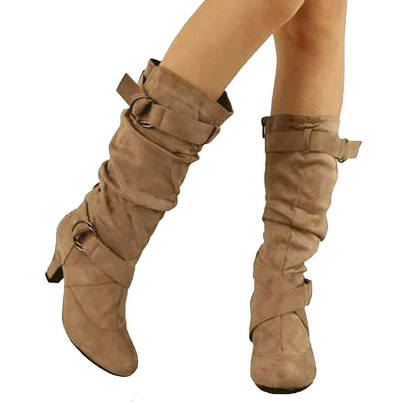 Mepaouo Women's Knee High Boots Block Low Heel Suede Motocycle Riding Boots Slouch Winter Long Boots