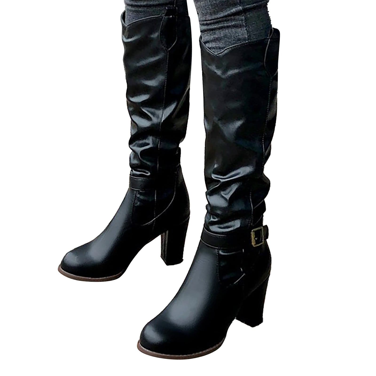 Slouch Riding Boots Mepaouo Women's Knee-High Boots Leather Slouch Riding Round Toe Heel ...