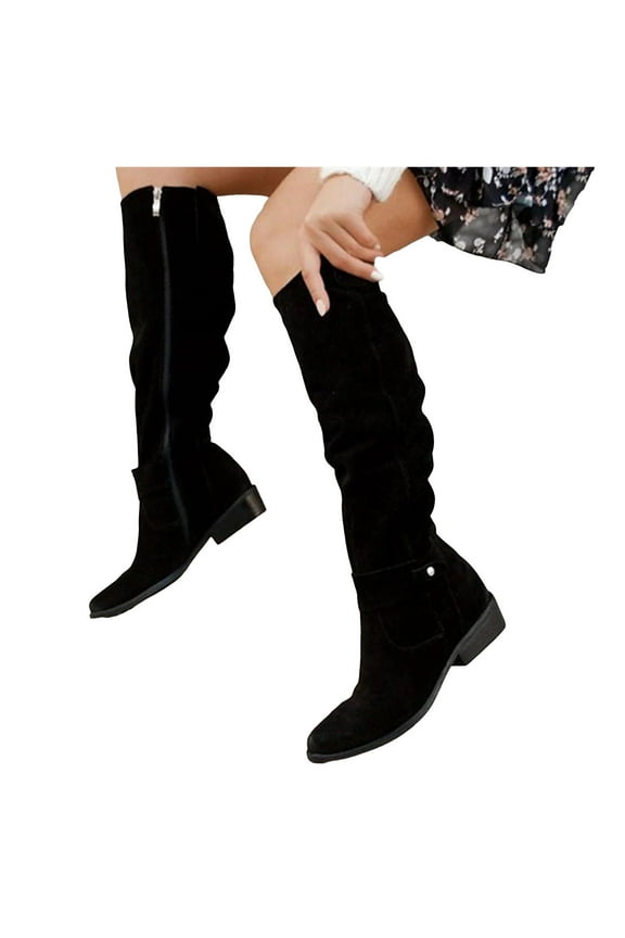 Women's Knee High Boots Low Heel Slouch Pointed Toe Winter Shoes with Side Zipper(Black,7)