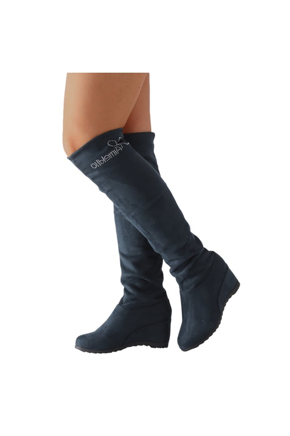 Women's Knee High Boots Low Hidden Wedge Suede Side Zipper Over The Knee Long Boots(Blue,7.5)