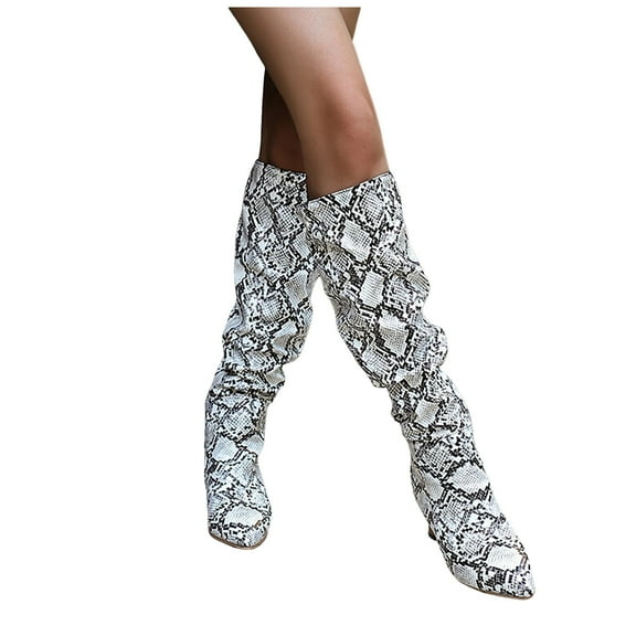 Mepaouo Women's Knee High Boots Pointy Toe Block Heel Wide Calf Sexy Slip on Long Winter Boots(White,6)