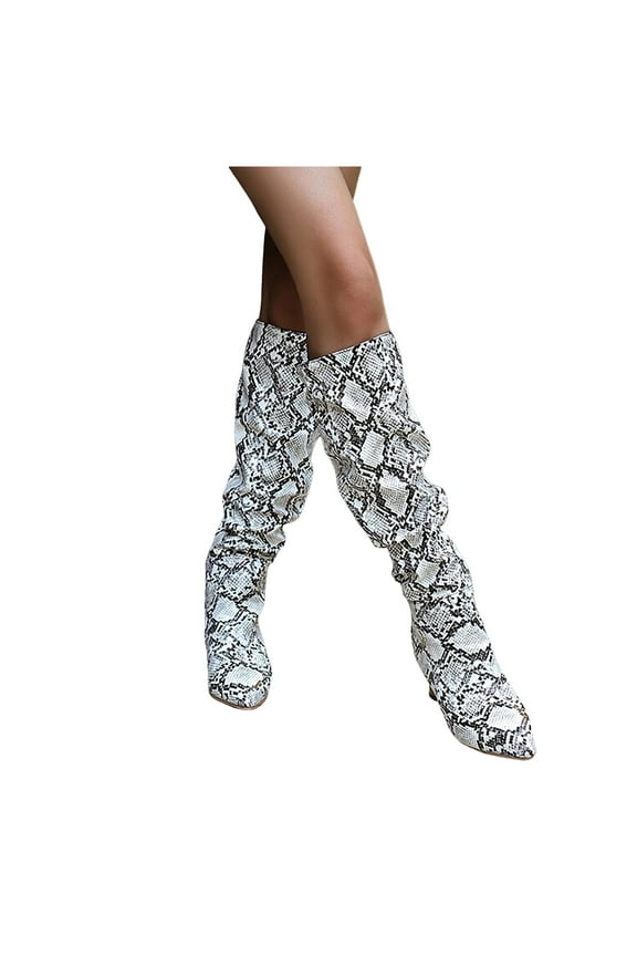 Women's Knee High Boots Pointy Toe Block Heel Wide Calf Sexy Slip on Long Winter Boots(White,6)