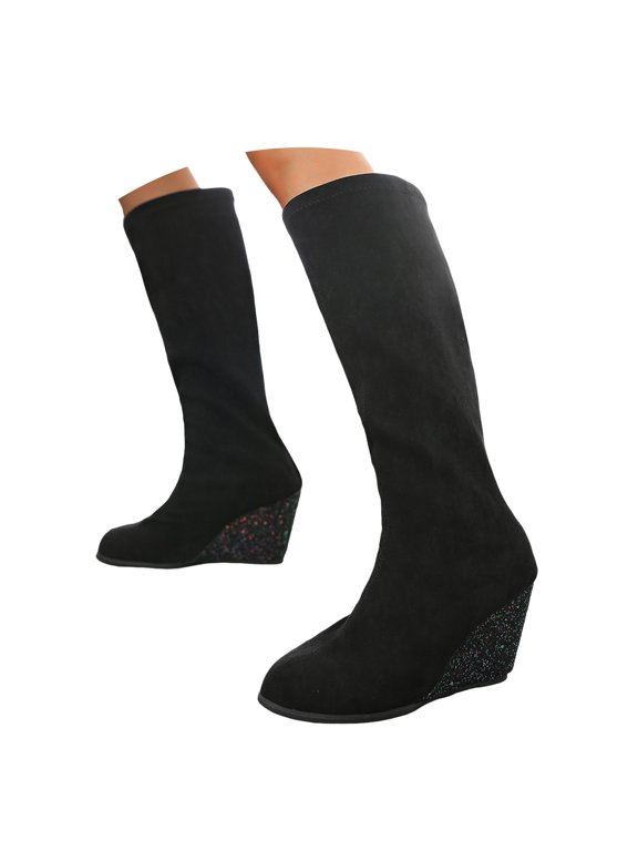 Women's Knee High Boots Wedge Heel Fashion Round Toe Stretchy Winter Long Boots(Black,9)