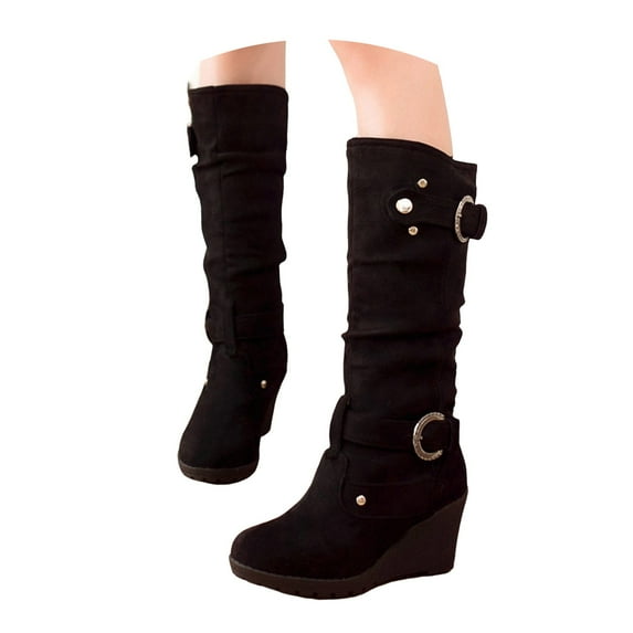 Mepaouo Women's Knee High Boots Wedge Heel Slouchy Stretchy Zipper Wide Mid Calf Long Boots(Black,5.5)