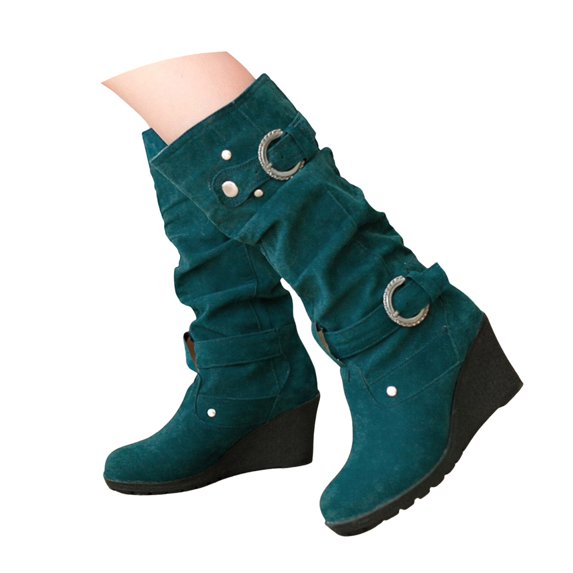 Mepaouo Women's Knee High Boots Wedge Heel Slouchy Stretchy Zipper Wide Mid Calf Long Boots(Green,8.5)