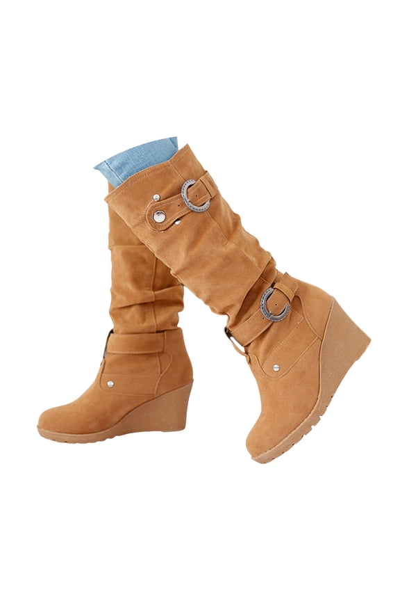 Women's Knee High Boots Wedge Heel Slouchy Stretchy Zipper Wide Mid Calf Long Boots(Yellow,5.5)