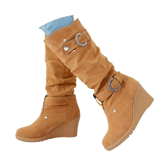 Mepaouo Women's Knee High Boots Wedge Heel Slouchy Stretchy Zipper Wide Mid Calf Long Boots(Yellow,8.5)