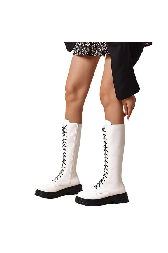 Women's Knee High Combat Boots Lace up Fall Lug Sole Gothic Motorcycle Riding Boots(White,7.5)