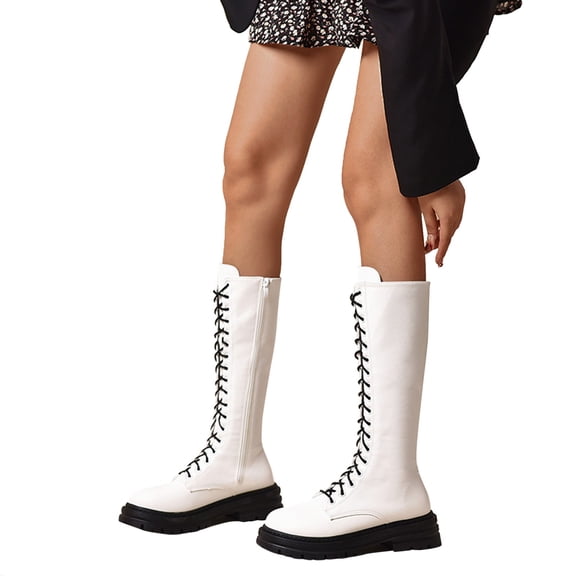 Mepaouo Women's Knee High Combat Boots Lace up Fall Lug Sole Gothic Motorcycle Riding Boots(White,8.5)