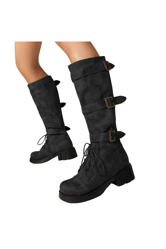 Women's Knee High Combat Boots Lace up Wide Calf Buckle Riding Boot Chunky Low Heel Booties