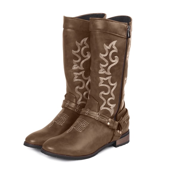Mepaouo Women's Knee High Cowgirl Boots Buckle Western Cowboy Boot Embroidery Motorcycle Riding Boot