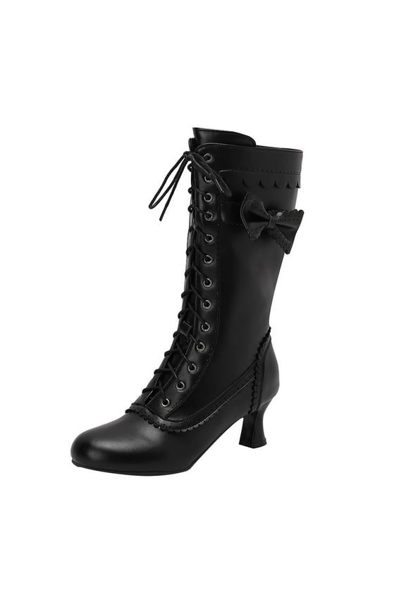 Women's Knee High Victorian Boots Round Toe Wide Calf Lace Up Witch Knight Boots(Black,6)