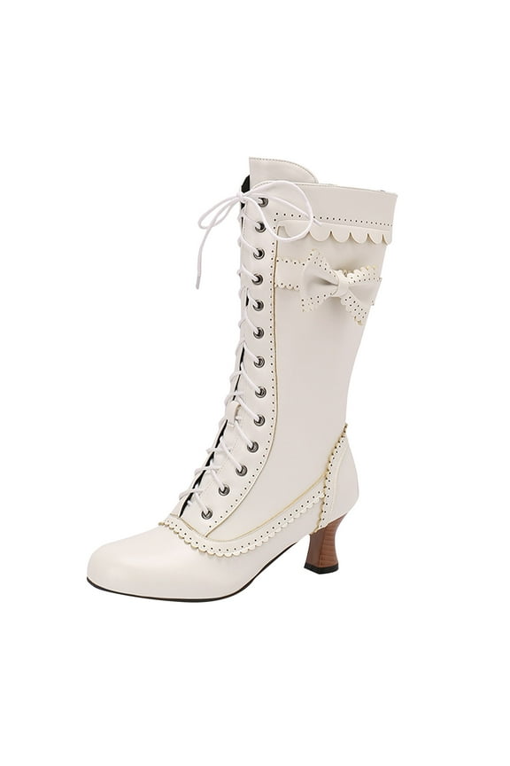 Women's Knee High Victorian Boots Round Toe Wide Calf Lace Up Witch Knight Boots(White,7)