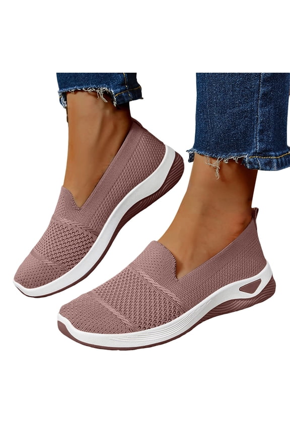 Women's Knitted Sneakers Breathable Orthopedic Walking Shoes Woven Slip on Flat Casual Shoes
