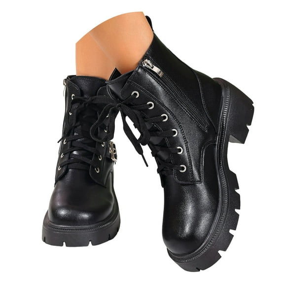 Mepaouo Women's Lace up Combat Ankle Boots Platform Chunky Heel Booties Buckles Motorcycle Riding Shoes