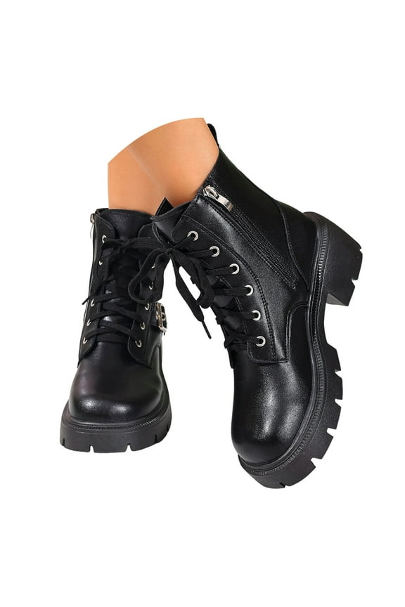 Women's Lace up Combat Ankle Boots Platform Chunky Heel Booties Buckles Motorcycle Riding Shoes