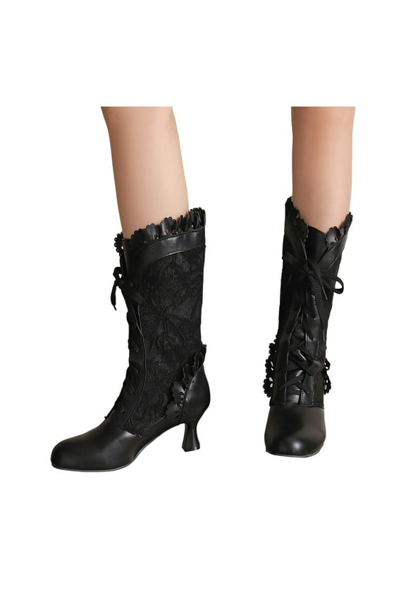Women's Lace up Victorian Boots Mid Heels Goth Vintage Wedding Mid Calf Boots(Black,9)