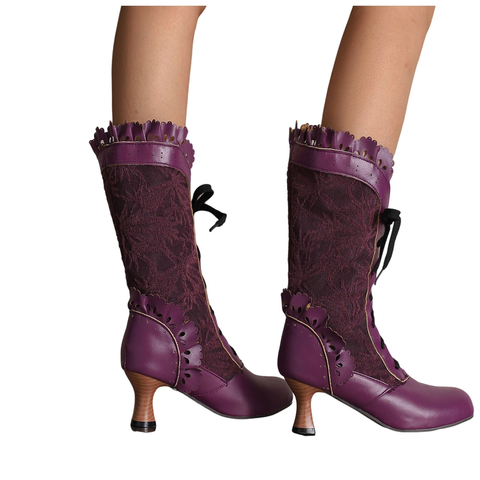 Mepaouo Women's Lace up Victorian Boots Mid Heels Goth Vintage