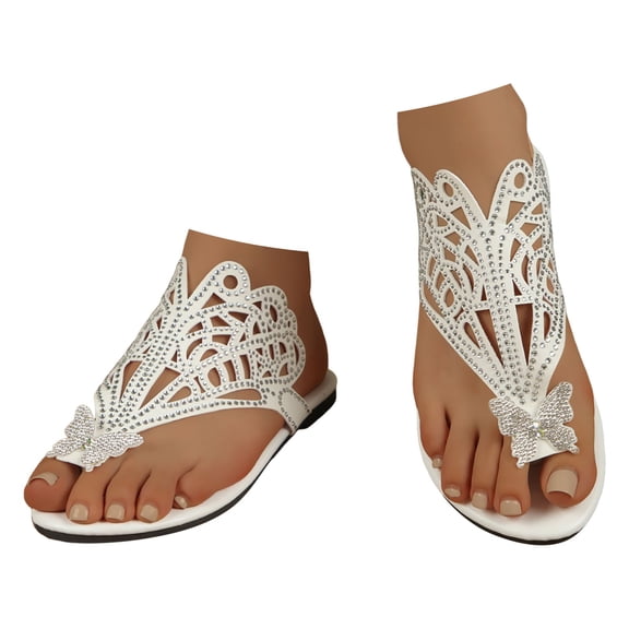 Mepaouo Women's Leather Flip Flops Rhinestone Footbed Thong Sandals Summer Beach Slide Slippers