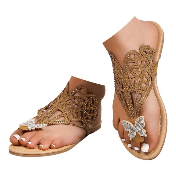 Mepaouo Women's Leather Flip Flops Rhinestone Footbed Thong Sandals Summer Beach Slide Slippers