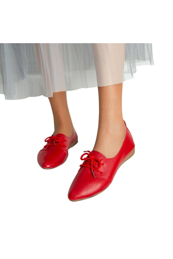 Women's Leather Perforated Oxfords Wingtip Lace up Pointed Toe Flat Vintage Womens Ballets Shoes