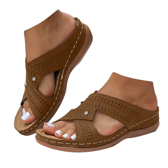 Mepaouo Women's Leather Slides Comfort Flat Sandals Arch Support Slip on Casual Walking Slippers