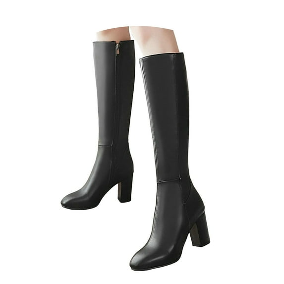 Mepaouo Women's Leather Tall Boots Square Toe Heel Knee High Boots with Side Zip(Black,7.5)