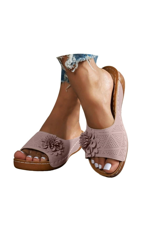 Women's Leather Wedge Sandals Orthopedic Arch Support Platform Slides Casual Slip on Shoes Pink